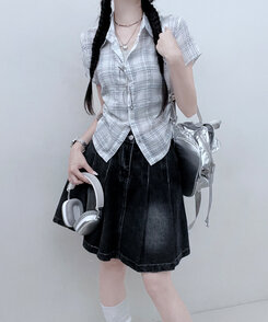 シャツ サイドシャーリングチェッククロップ半袖シャツ IVORY