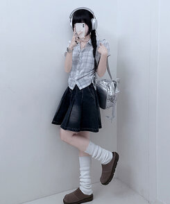 シャツ サイドシャーリングチェッククロップ半袖シャツ IVORY