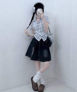 シャツ サイドシャーリングチェッククロップ半袖シャツ IVORY