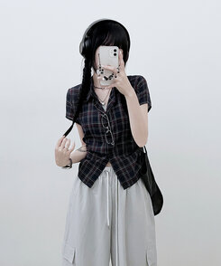シャツ サイドシャーリングチェッククロップ半袖シャツ NAVY