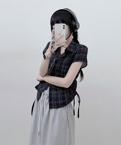 シャツ サイドシャーリングチェッククロップ半袖シャツ NAVY