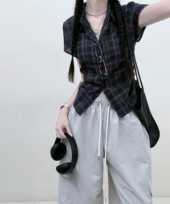 シャツ サイドシャーリングチェッククロップ半袖シャツ NAVY