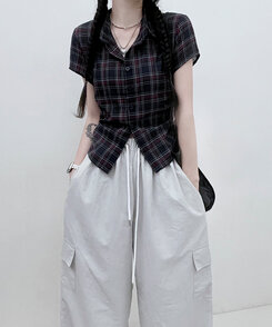 シャツ サイドシャーリングチェッククロップ半袖シャツ NAVY