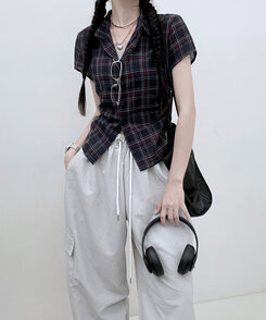 シャツ サイドシャーリングチェッククロップ半袖シャツ NAVY
