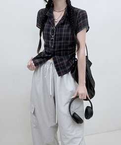 シャツ サイドシャーリングチェッククロップ半袖シャツ NAVY