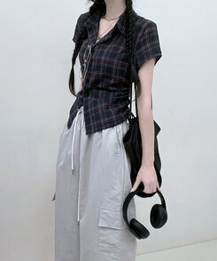 シャツ サイドシャーリングチェッククロップ半袖シャツ NAVY