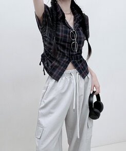 シャツ サイドシャーリングチェッククロップ半袖シャツ NAVY