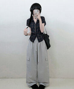 シャツ サイドシャーリングチェッククロップ半袖シャツ NAVY