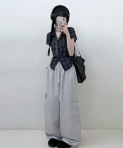 シャツ サイドシャーリングチェッククロップ半袖シャツ NAVY