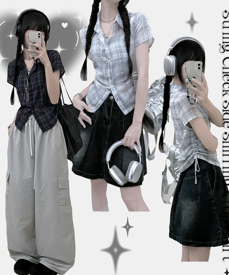 サイドシャーリングチェッククロップ半袖シャツ IVORY