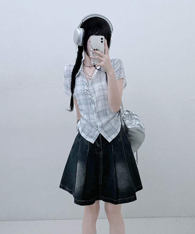 サイドシャーリングチェッククロップ半袖シャツ IVORY