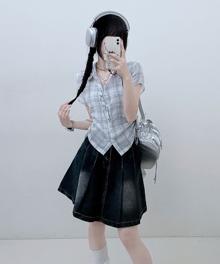 サイドシャーリングチェッククロップ半袖シャツ IVORY