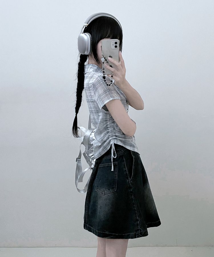 サイドシャーリングチェッククロップ半袖シャツ IVORY