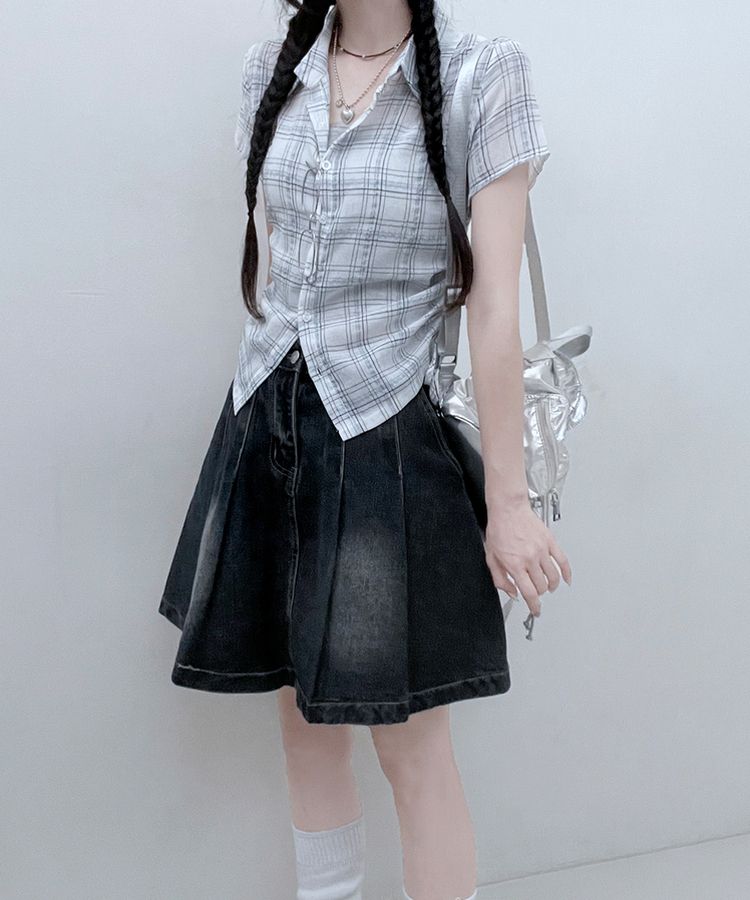 サイドシャーリングチェッククロップ半袖シャツ IVORY