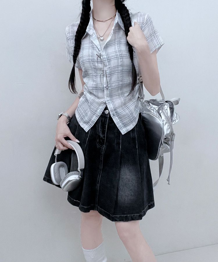 サイドシャーリングチェッククロップ半袖シャツ IVORY