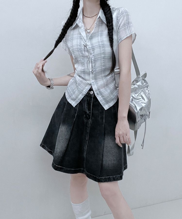サイドシャーリングチェッククロップ半袖シャツ IVORY