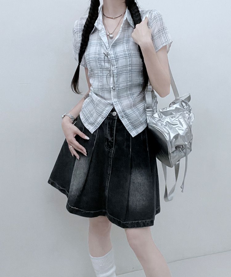 サイドシャーリングチェッククロップ半袖シャツ IVORY