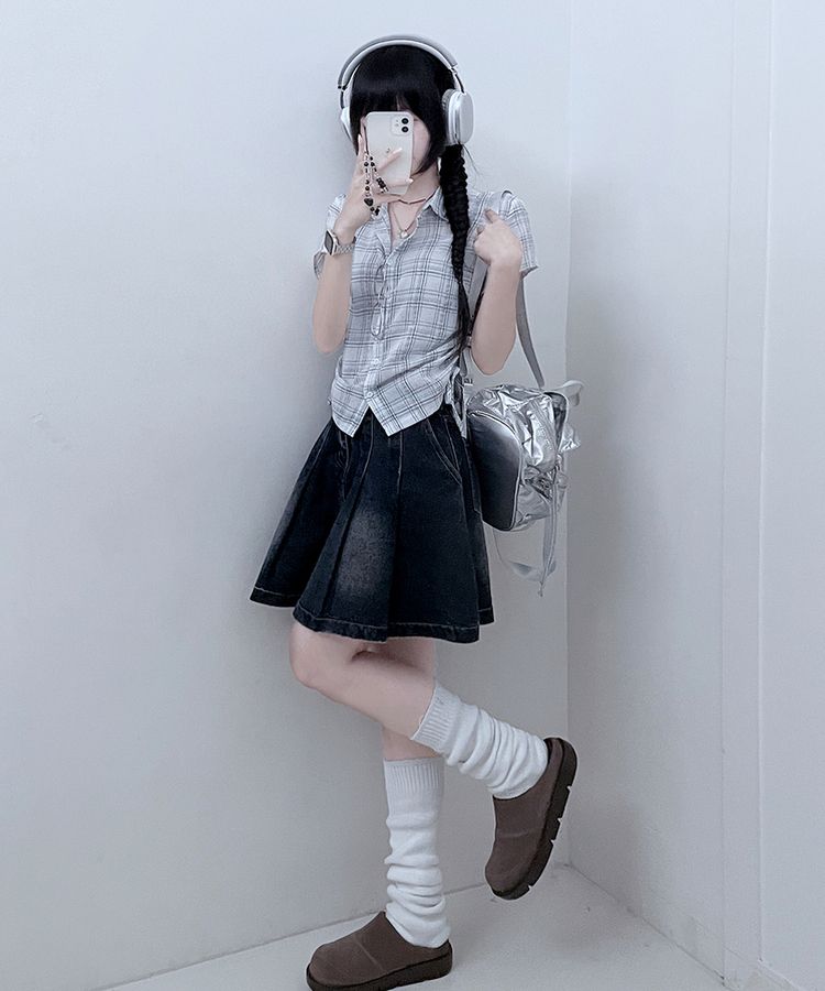 サイドシャーリングチェッククロップ半袖シャツ IVORY