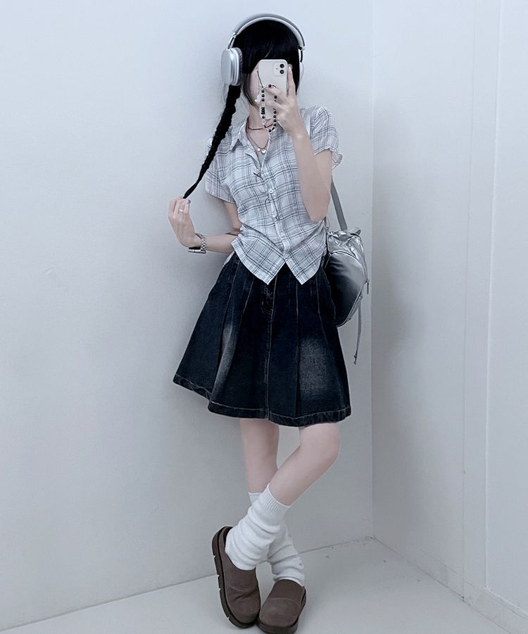 サイドシャーリングチェッククロップ半袖シャツ IVORY