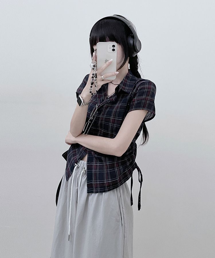 サイドシャーリングチェッククロップ半袖シャツ NAVY