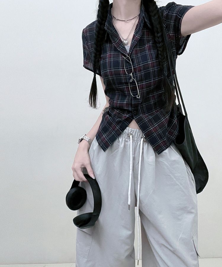サイドシャーリングチェッククロップ半袖シャツ NAVY