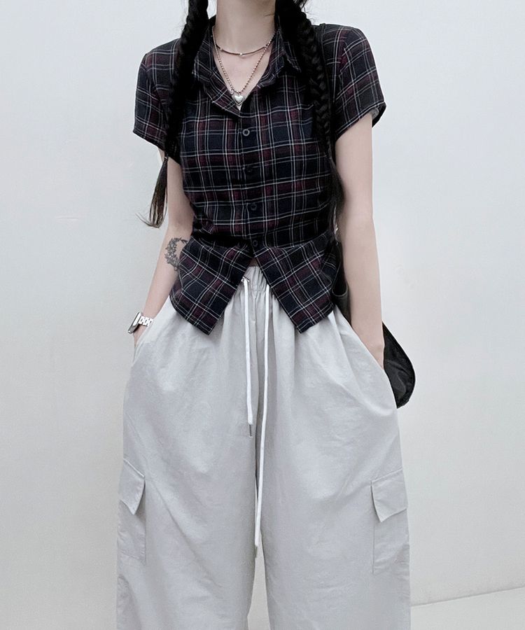 サイドシャーリングチェッククロップ半袖シャツ NAVY