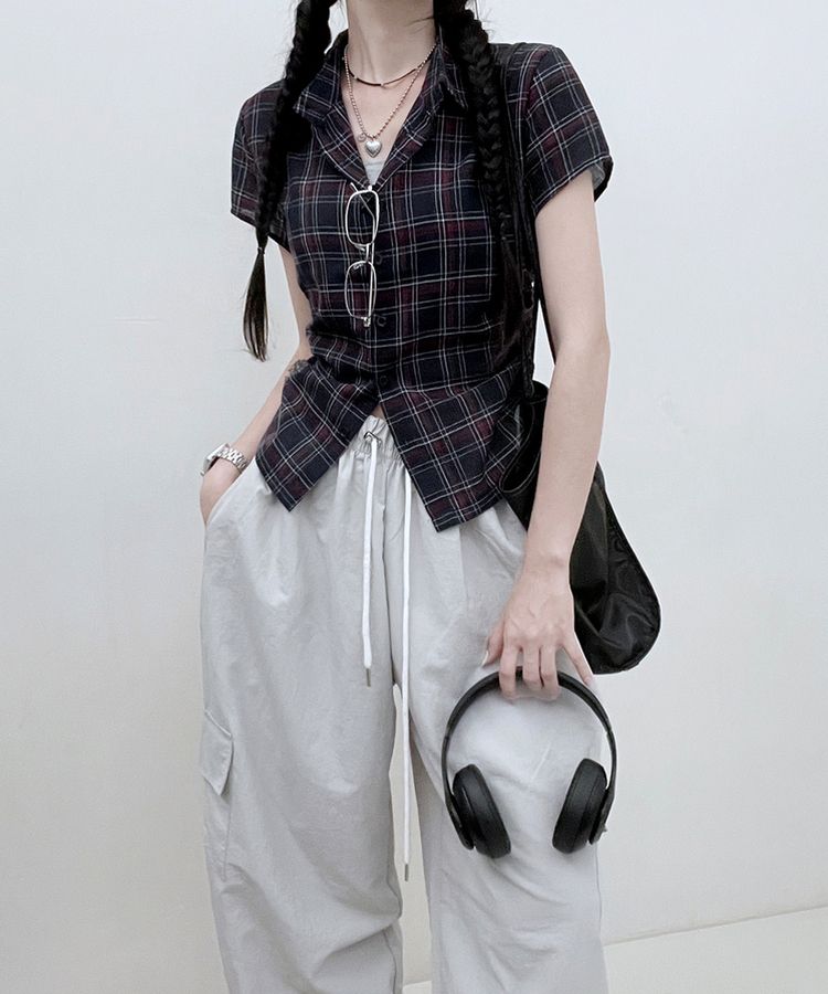 サイドシャーリングチェッククロップ半袖シャツ NAVY