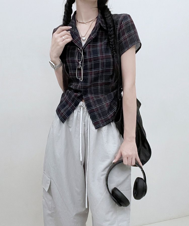 サイドシャーリングチェッククロップ半袖シャツ NAVY