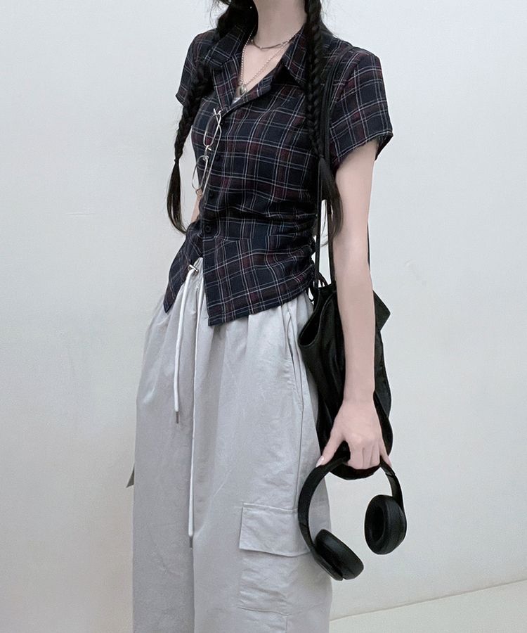 サイドシャーリングチェッククロップ半袖シャツ NAVY