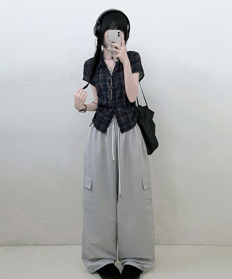 サイドシャーリングチェッククロップ半袖シャツ NAVY
