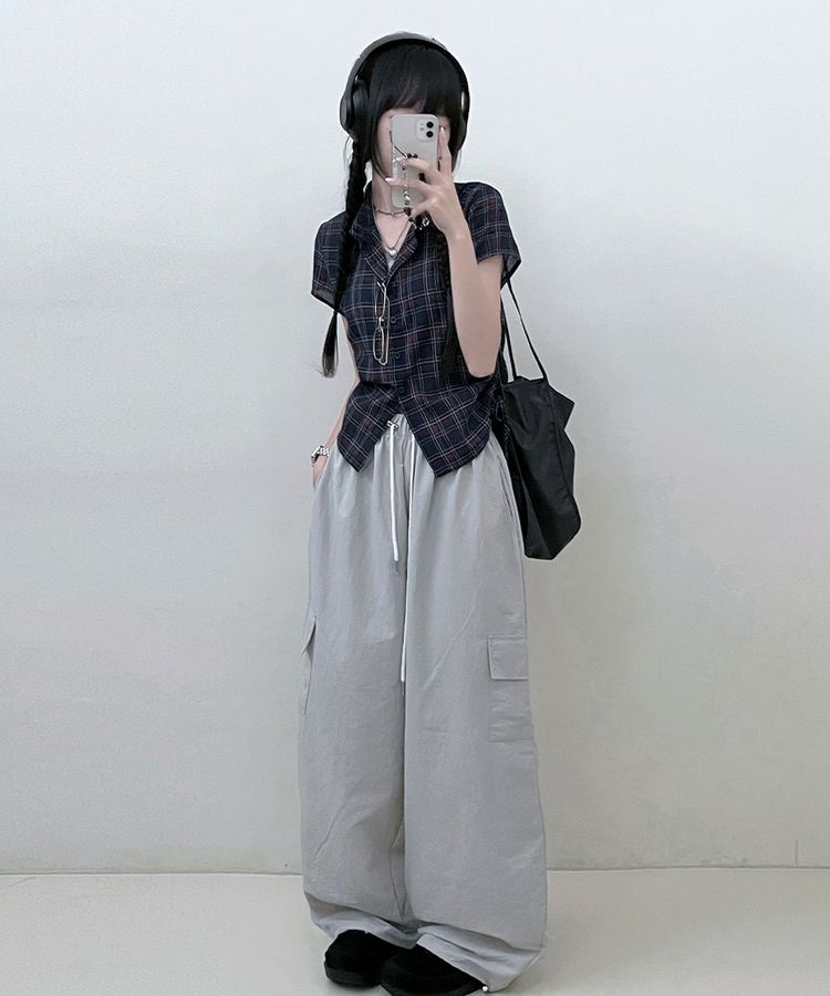 サイドシャーリングチェッククロップ半袖シャツ NAVY
