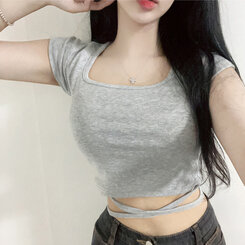 半袖Tシャツ スパンクロップスクエアネック半袖Tシャツ GRAY