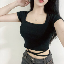 半袖Tシャツ スパンクロップスクエアネック半袖Tシャツ BLACK