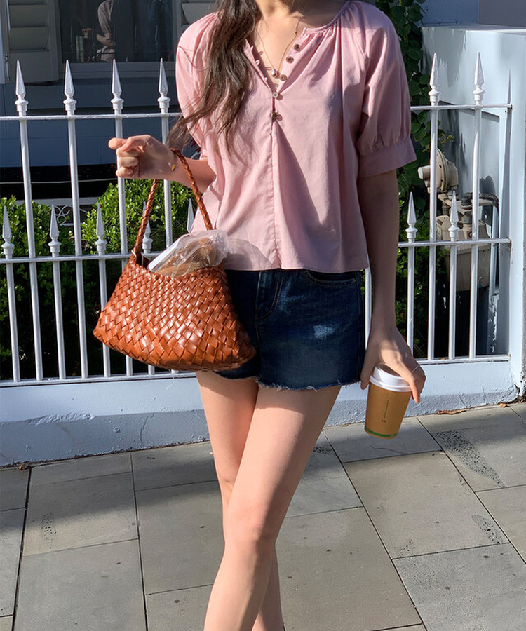 ボタンシャーリングパフ半袖ブラウス ROSE PINK