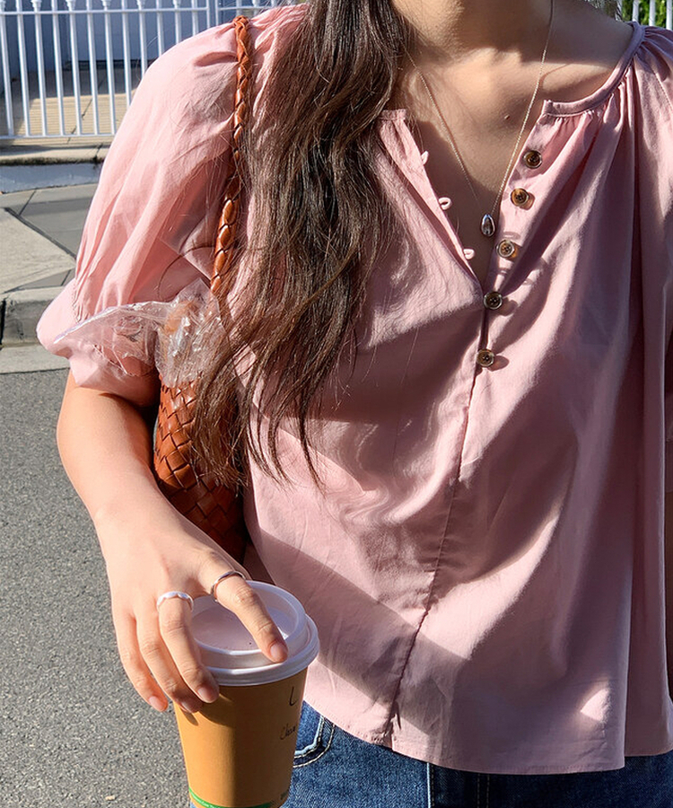 ボタンシャーリングパフ半袖ブラウス ROSE PINK