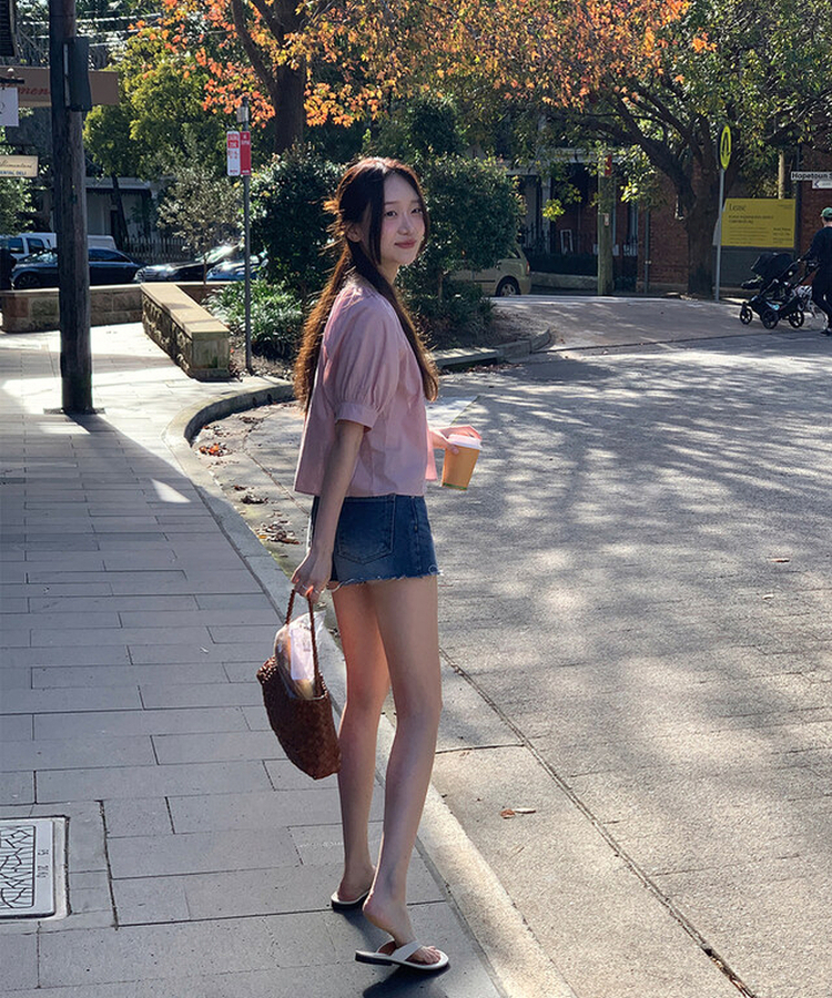 ボタンシャーリングパフ半袖ブラウス ROSE PINK