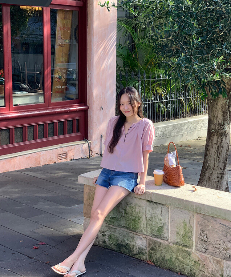 ボタンシャーリングパフ半袖ブラウス ROSE PINK