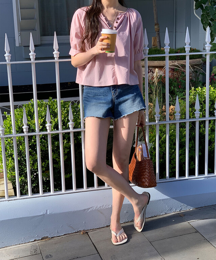 ボタンシャーリングパフ半袖ブラウス ROSE PINK