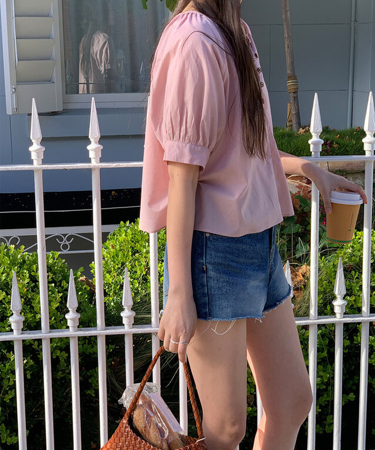 ボタンシャーリングパフ半袖ブラウス ROSE PINK