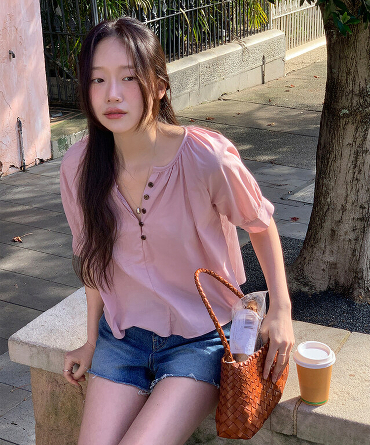 ボタンシャーリングパフ半袖ブラウス ROSE PINK