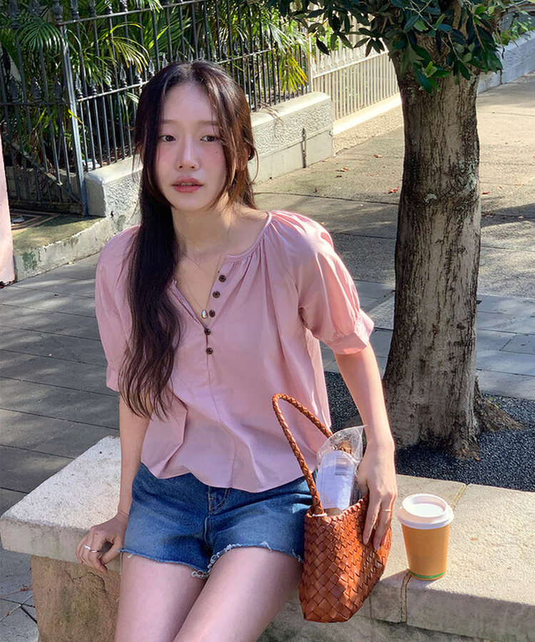 ボタンシャーリングパフ半袖ブラウス ROSE PINK