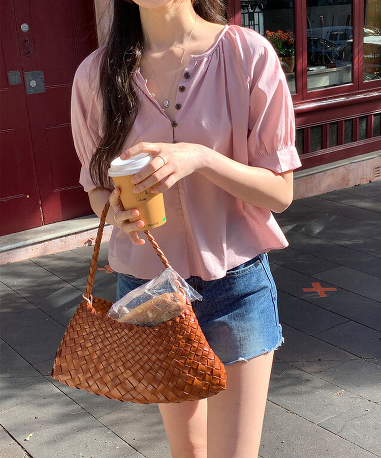 ボタンシャーリングパフ半袖ブラウス ROSE PINK