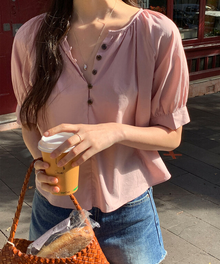 ボタンシャーリングパフ半袖ブラウス ROSE PINK
