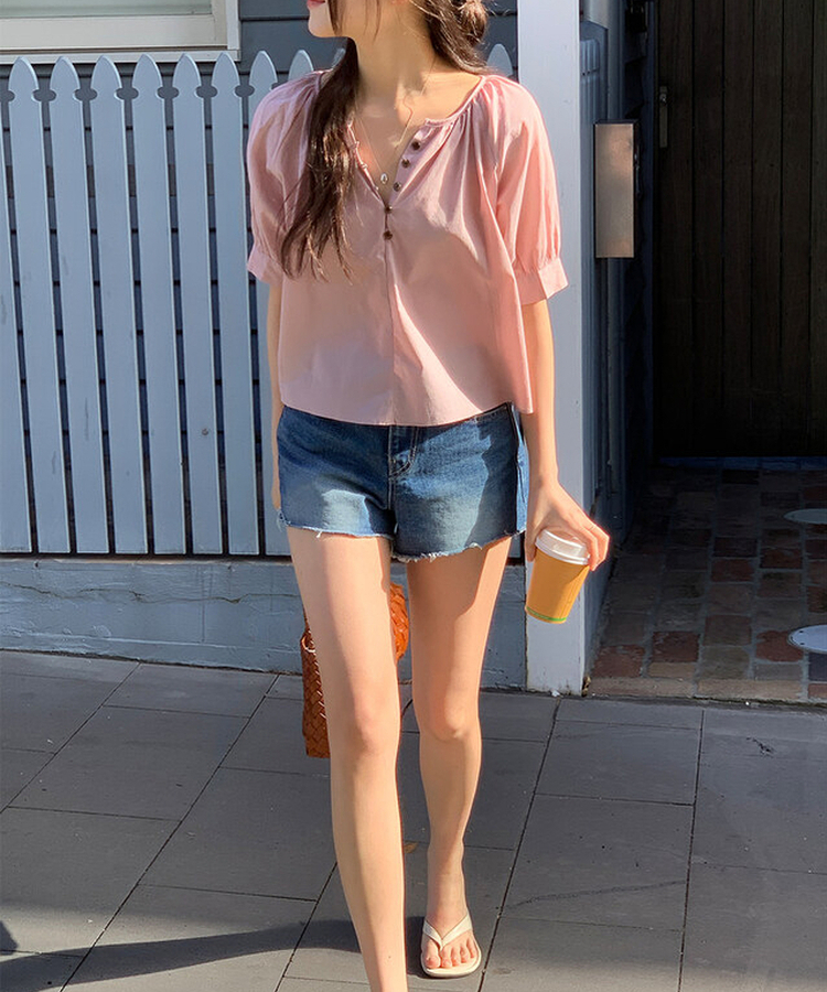 ボタンシャーリングパフ半袖ブラウス ROSE PINK