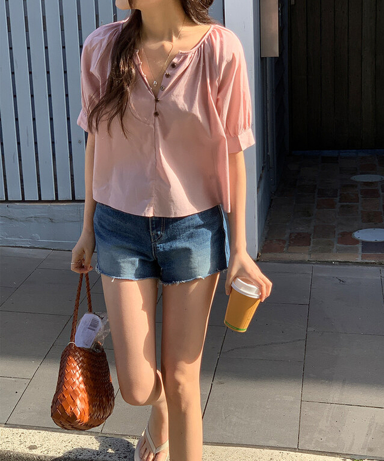 ボタンシャーリングパフ半袖ブラウス ROSE PINK