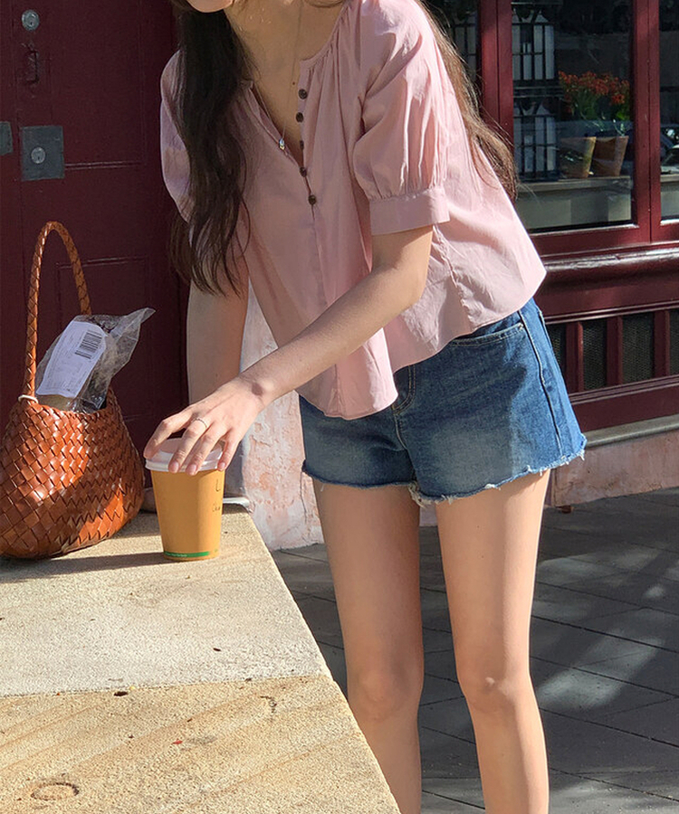 ボタンシャーリングパフ半袖ブラウス ROSE PINK