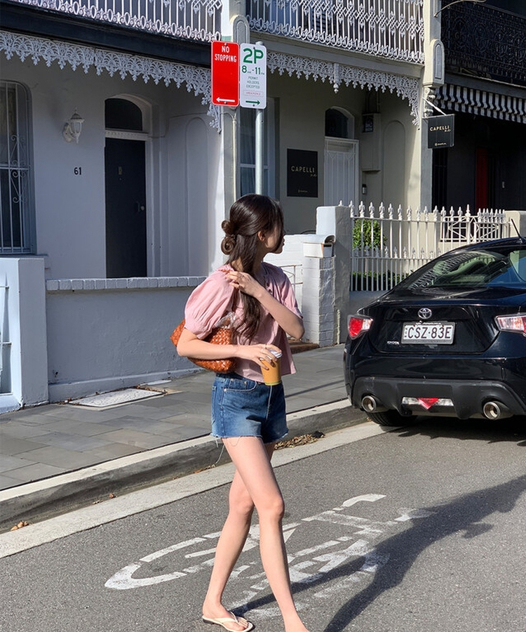 ボタンシャーリングパフ半袖ブラウス ROSE PINK