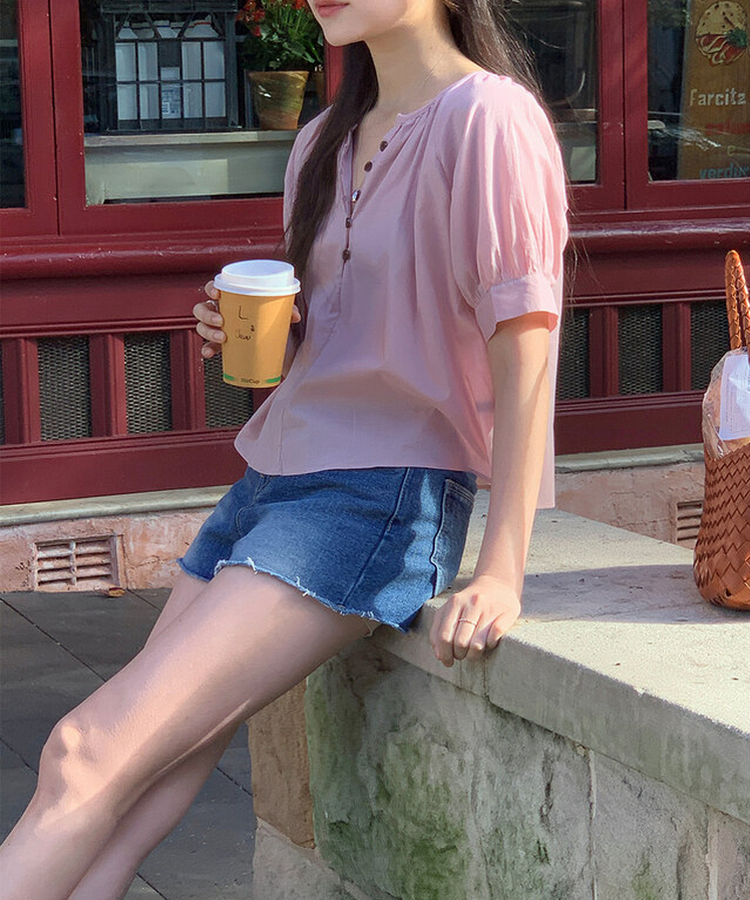 ボタンシャーリングパフ半袖ブラウス ROSE PINK