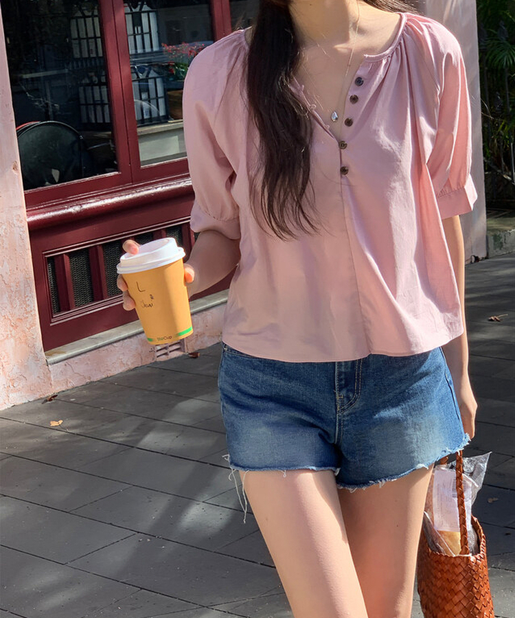 ボタンシャーリングパフ半袖ブラウス ROSE PINK