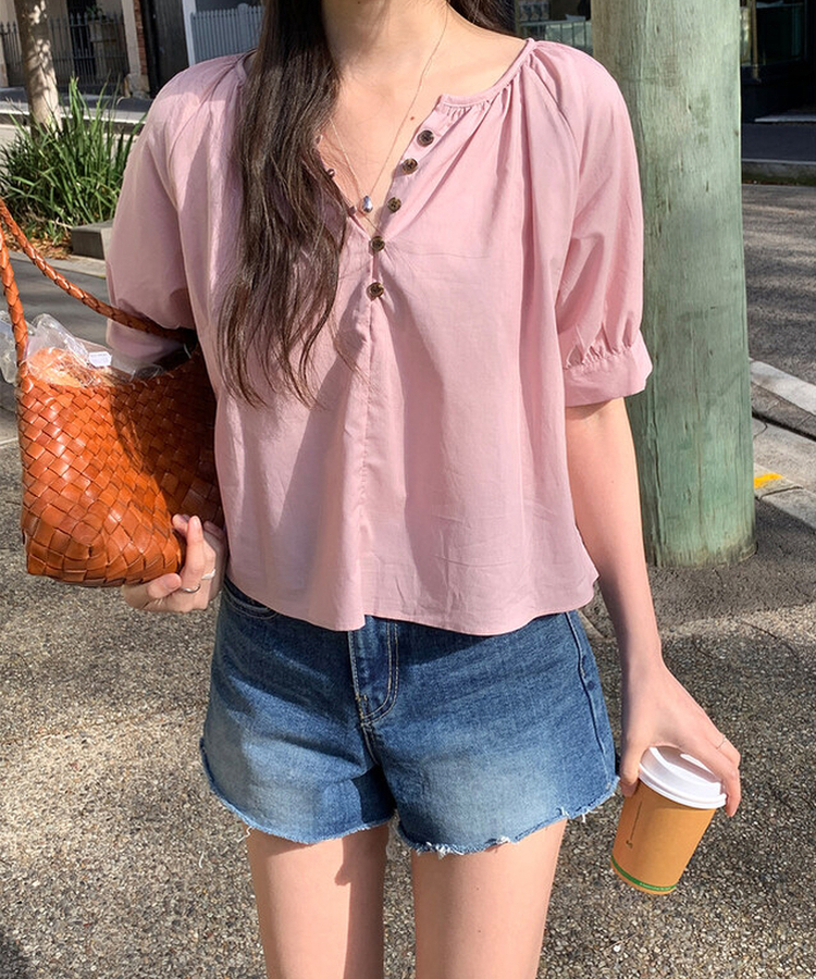 ボタンシャーリングパフ半袖ブラウス ROSE PINK
